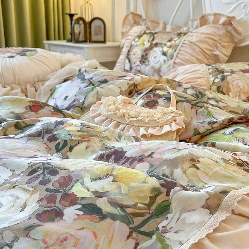 Romantic bedding set with ruffles, quilted bedspread and decorative cushion
