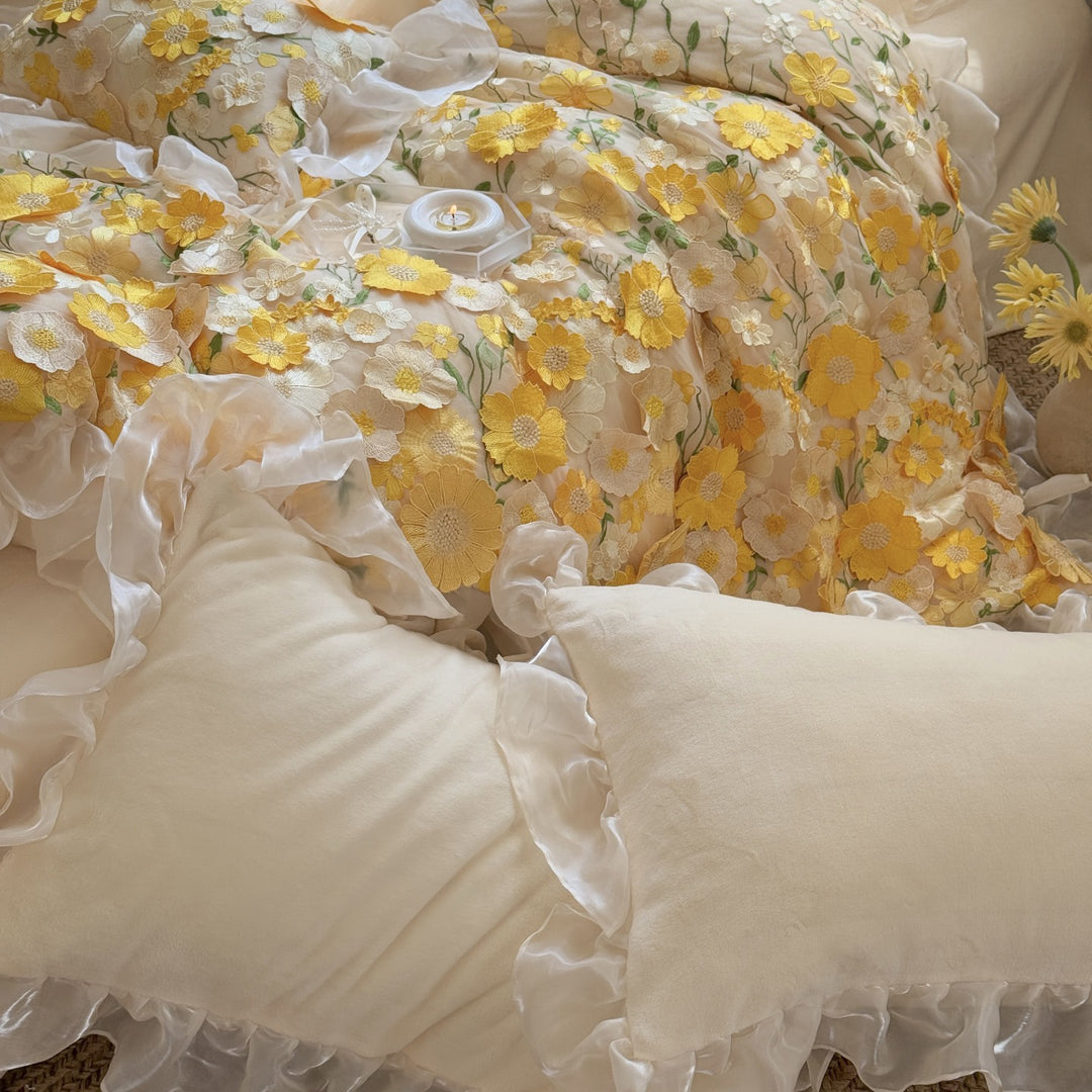 Embroidered Floral Organza Ruffle Duvet Cover Bedding Set