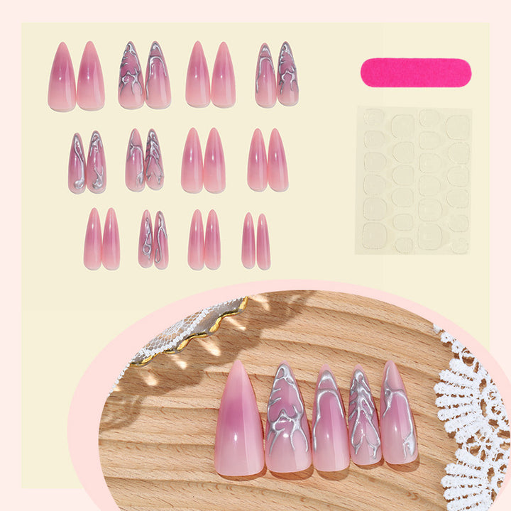 Artistic Press-On Nail Set with Decorative Marble and Glossy Accents Stornfield