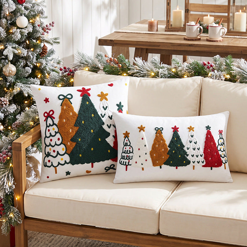 Festive Embroidered Christmas Throw Pillow Cover with Tufted Tree Appliqué
