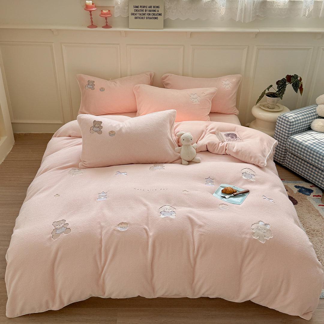 Plush Embroidered Teddy Fleece Duvet Comforter Set with Pillow Shams