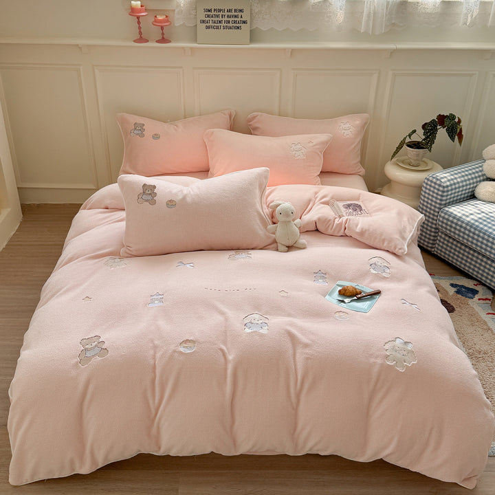Plush Embroidered Teddy Fleece Duvet Comforter Set with Pillow Shams