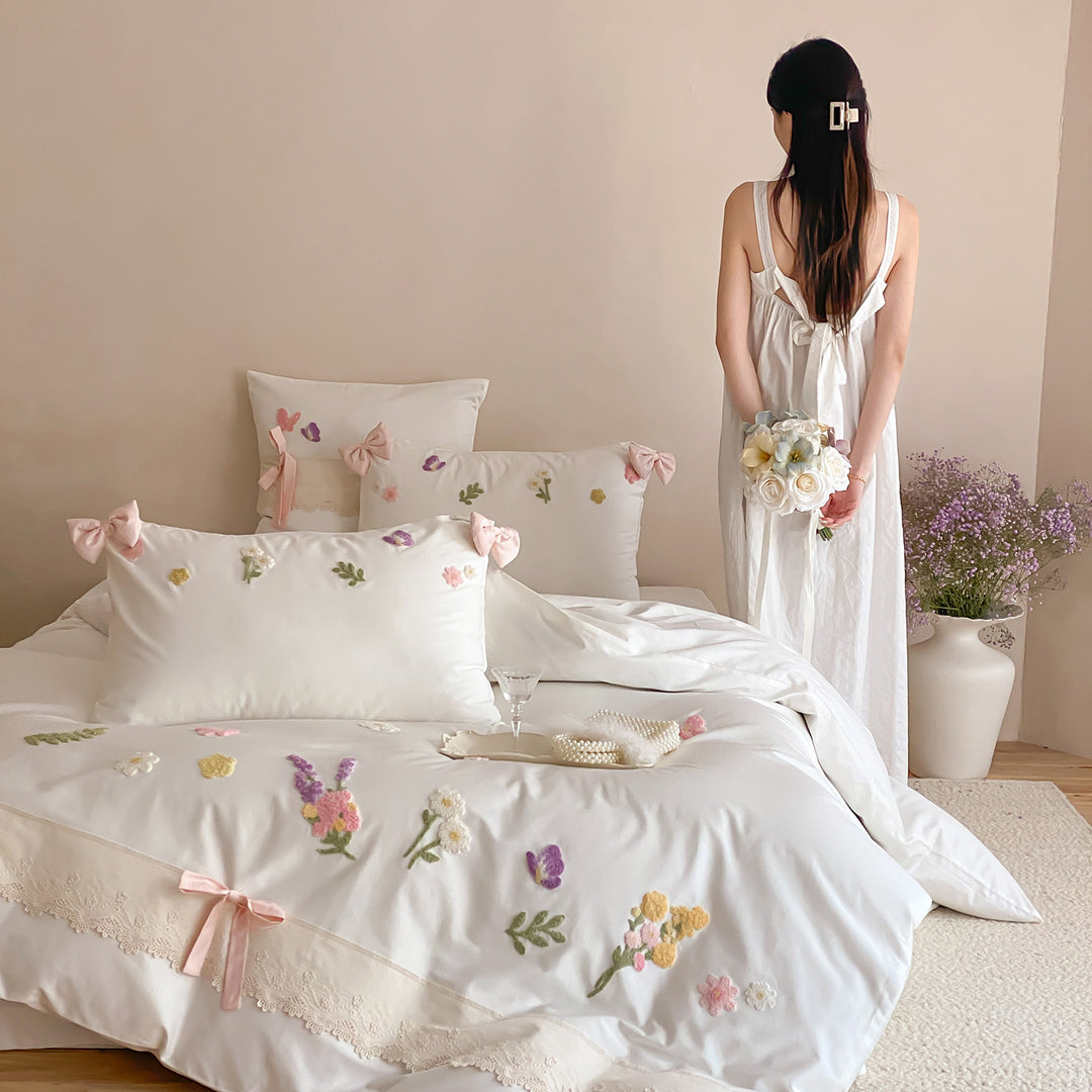Hand-Embroidered Floral Bow-Accent Duvet Cover Set with Lace-Trim Pillow Shams