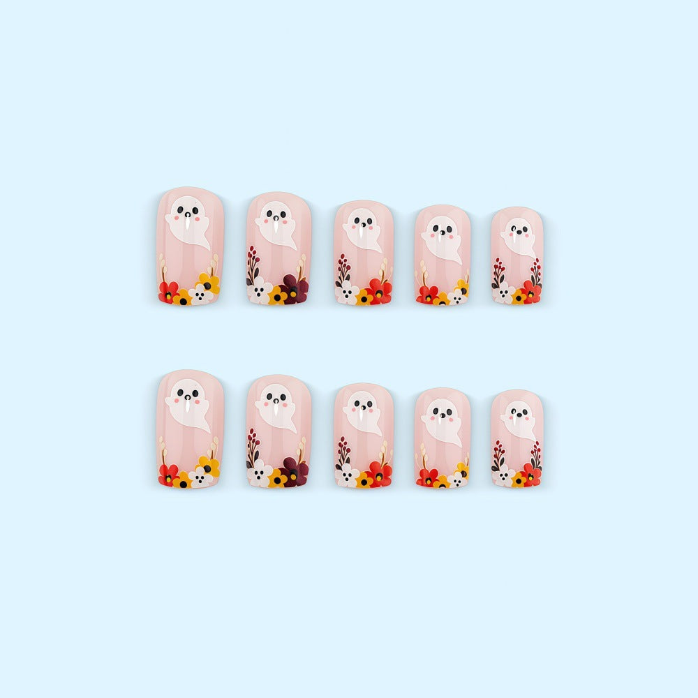Artificial nails with ghost motif and flower accents Stornfield