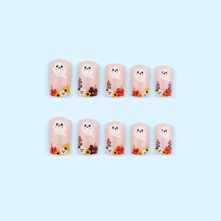 Artificial nails with ghost motif and flower accents Stornfield