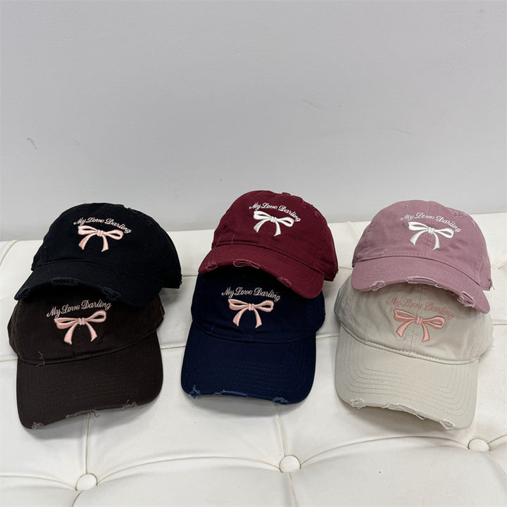Women's Distressed Cotton Baseball Cap with Bow Embroidery Stornfield