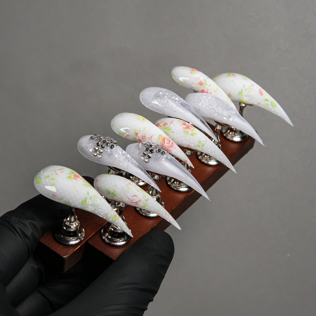 Elegant Stiletto Press-On Nail Set with Floral and Gem Accents