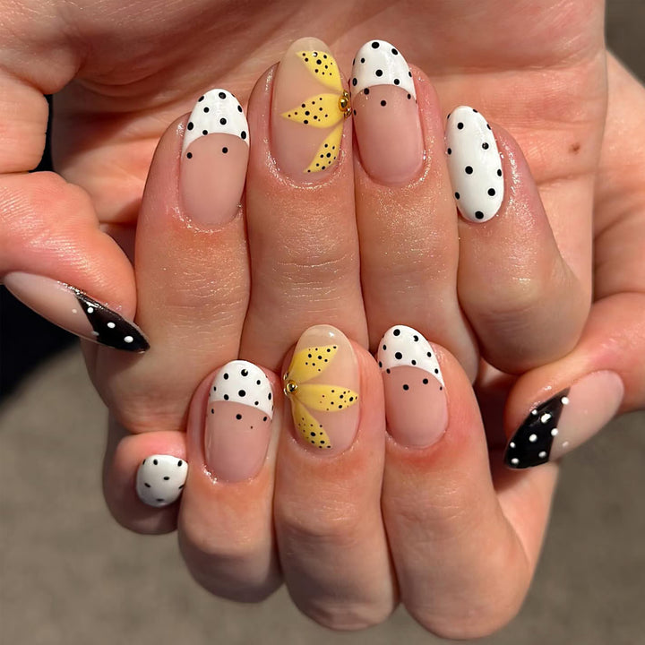 Artistic Press-On Nails with Floral and Polka Dot Designs Stornfield
