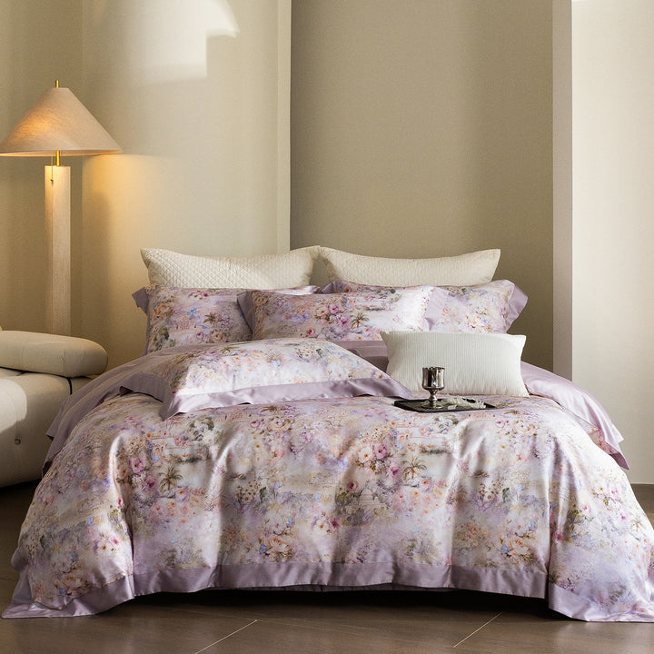 Satin bed set with floral watercolor border and satin edge