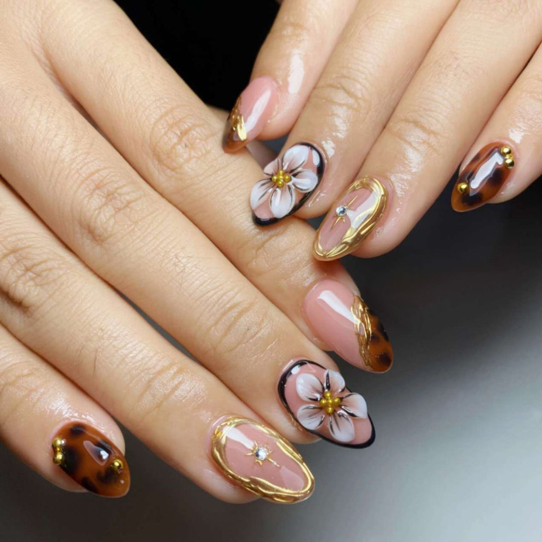 Floral-Inspired Press-On Nail Art Set with 3D Gold Accents Stornfield
