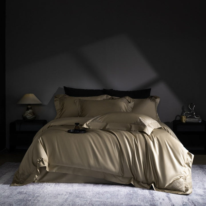 Luxury Sateen Duvet Cover Set with Embroidered Corner Motifs