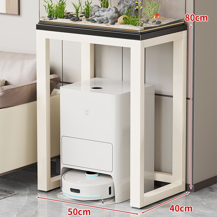 Gold Metal Aquarium Console Table with Faux Marble Top and Robot Vacuum Storage