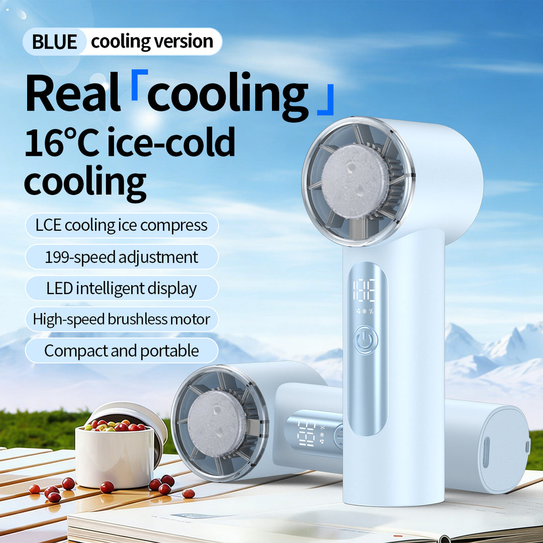 Unisex nan handheld cooling fan with ice cartridge and LED display Stornfield