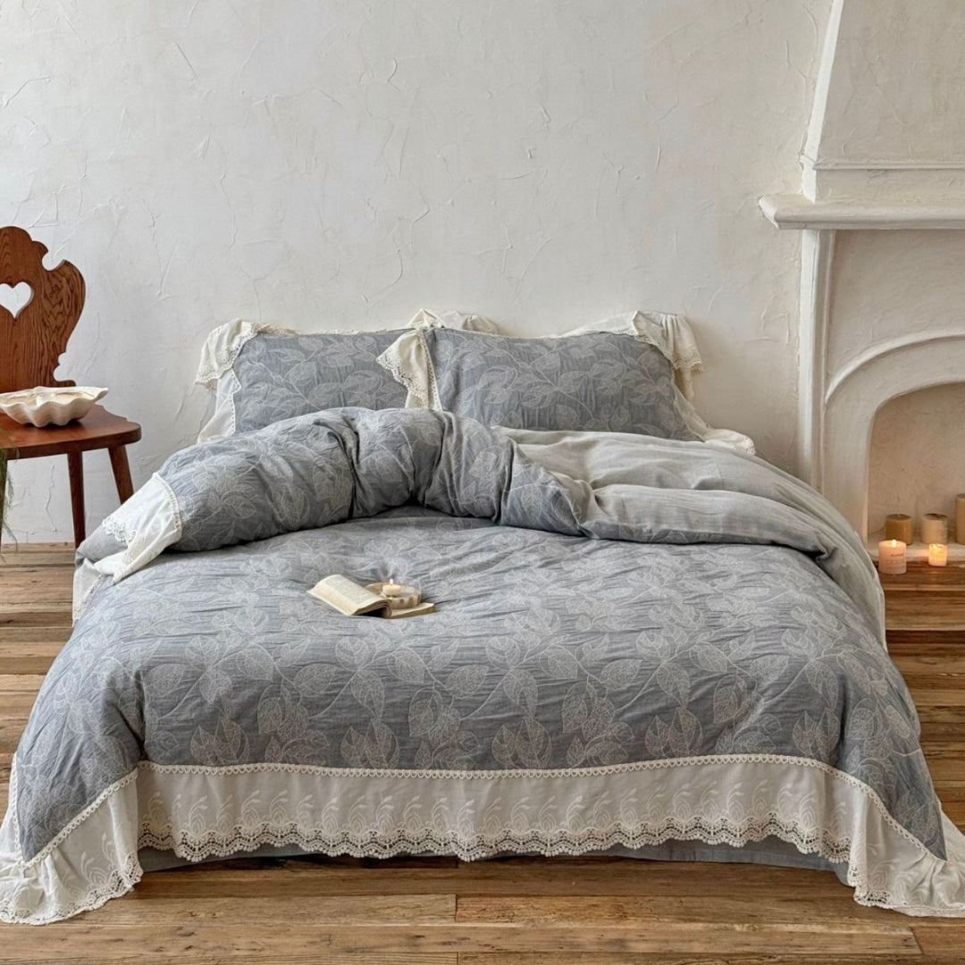 Lace-Trim Reversible Leaf Jacquard Duvet Cover Set