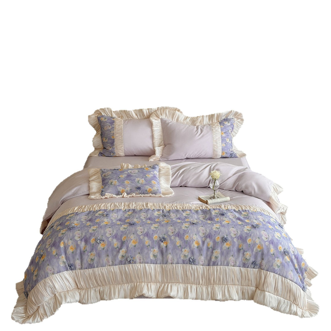 Floral Ruffled Cotton Sateen Duvet Cover Set with Pleated Trim and Reversible Pillow Shams