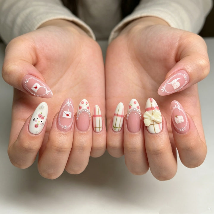 Decorative Press-On Nail Art Set with Floral and Bow Designs Stornfield