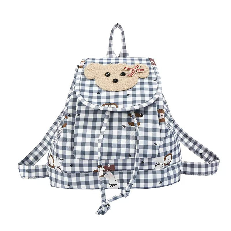 Backpack with Charming Plush Bear Motif and Playful Checkered Pattern Stornfield