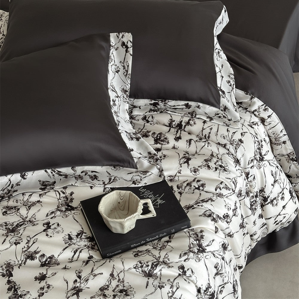 Luxurious satin bedding set with floral watercolor print and satin edge