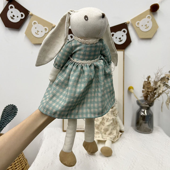 Plush Linen Bunny Doll with Long Ears Bow Tie and Removable Check Overalls