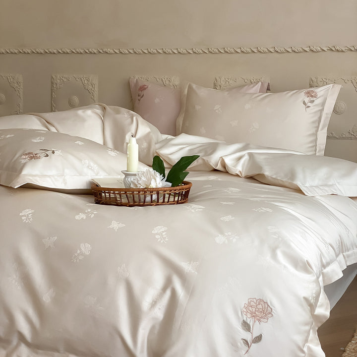 Luxurious cotton satin duvet cover set with fine rose embroidery and jacquard relief