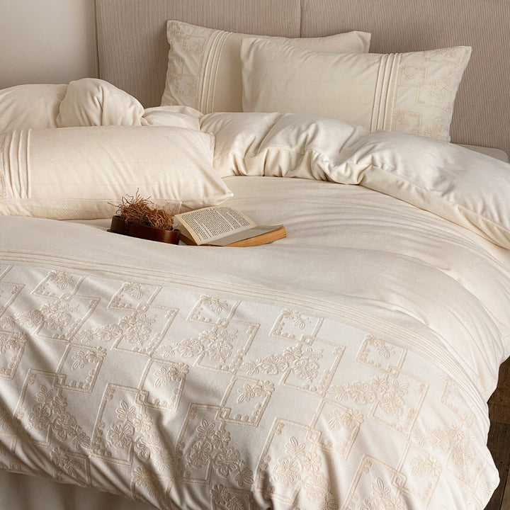 Embroidered Cotton Sateen Duvet Cover Set with Pintuck Panels and Pillow Shams