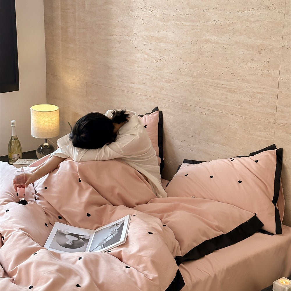 Heart-Embroidered Cotton Duvet Cover Set with Contrasting Border