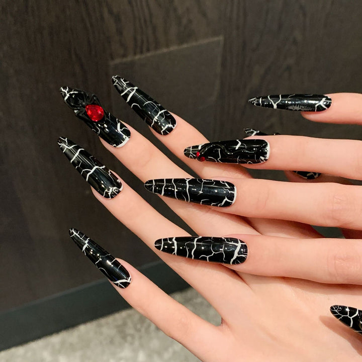 Artistic Press-On Nail Set with Modern Black Marble Design