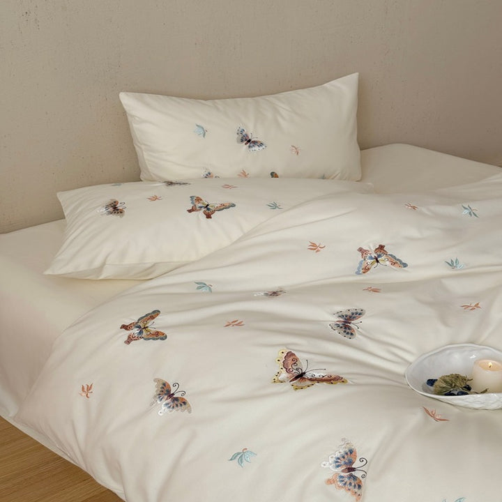 Embroidered Butterfly Cotton Sateen Duvet Cover and Pillowcase Set