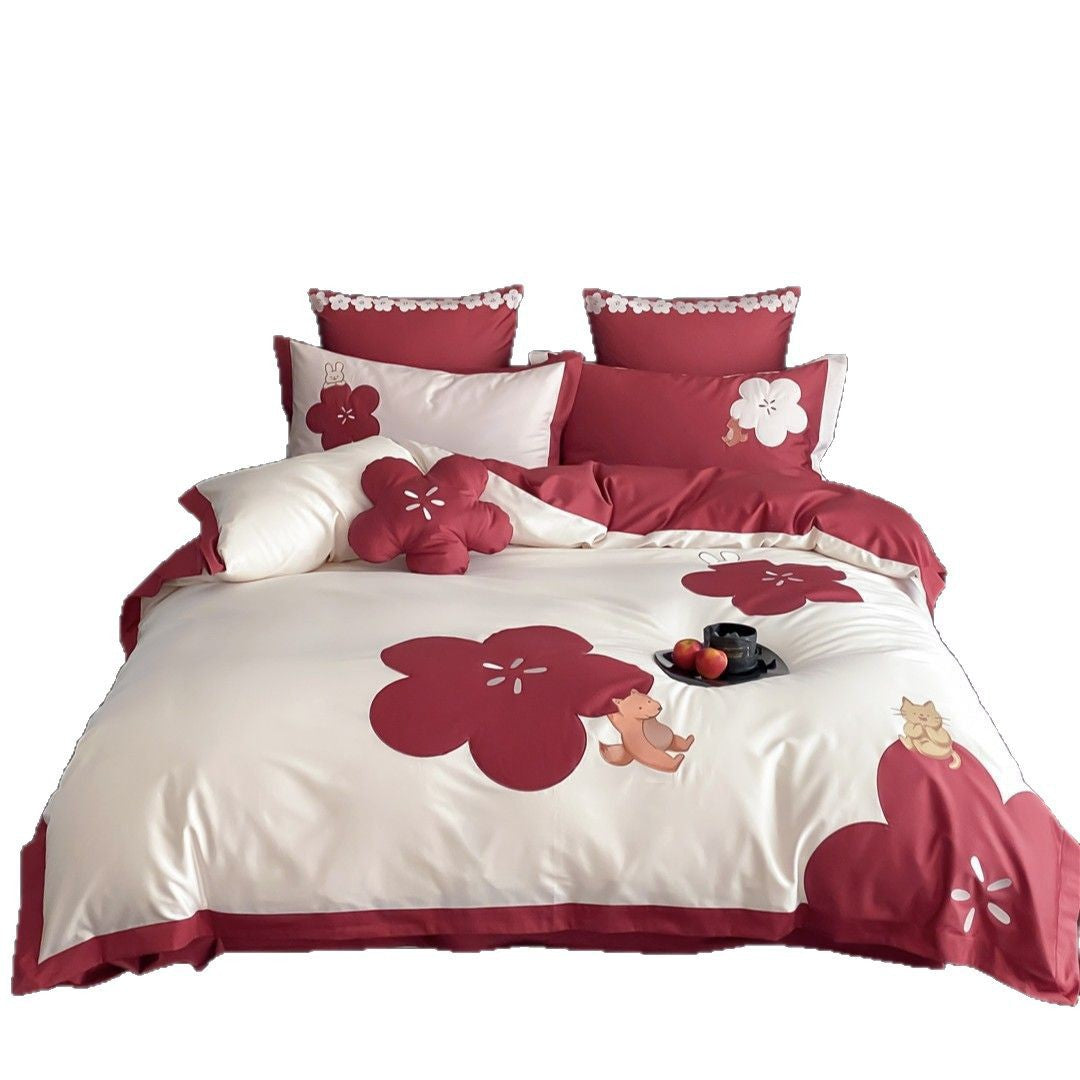 Cotton Sateen Duvet Cover Set with Embroidered Fox and Cat Appliqué