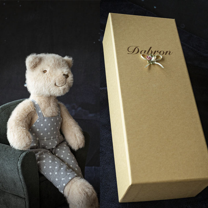 Handcrafted Luxury Plush Teddy Bear with Polka Dot Linen Dress