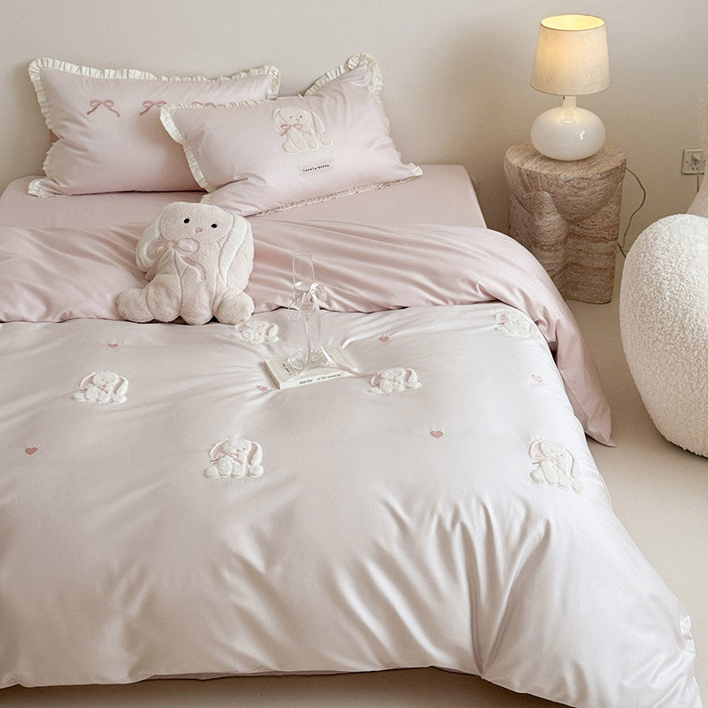 Embroidered Bunny Appliqué Cotton Sateen Duvet Cover Set with Ruffled Pillow Shams