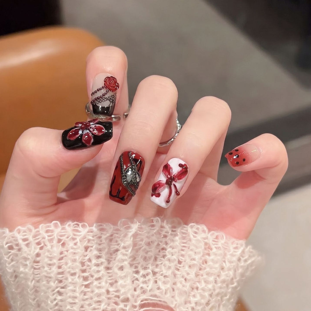 Artistic Nail Decoration Press-On Set with Unique Floral and Gemstone Designs Stornfield