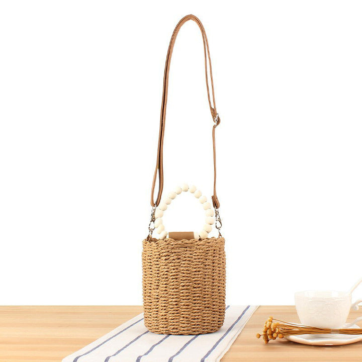 Handbag Made of Woven Natural Material with Decorative Wooden Handle Stornfield