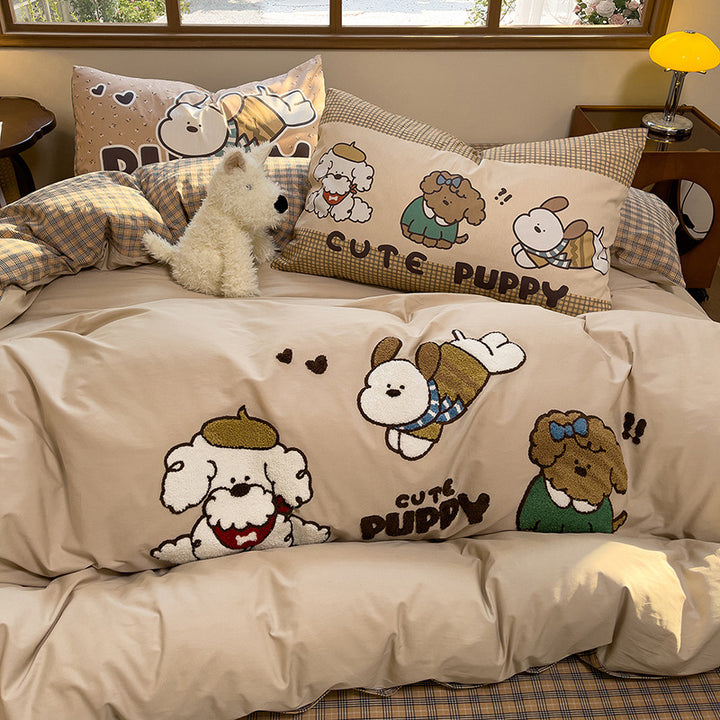 Cartoon Puppy Embroidered Cotton Duvet Cover Bedding Set with Plaid Accents