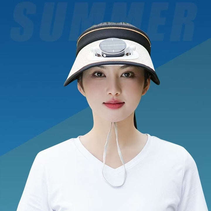 Adjustable sunshade for with removable solar fan and breathable straw effect Stornfield