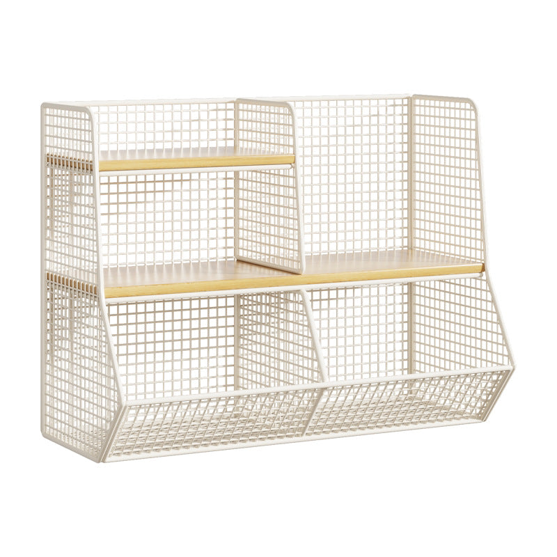 Double-Tier Mesh Metal Desktop Organizer with Wooden Shelves