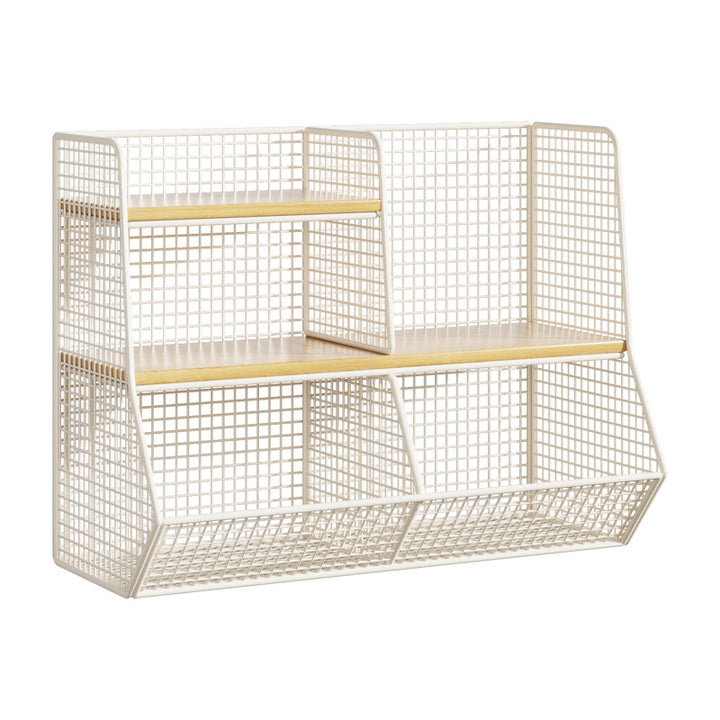 Double-Tier Mesh Metal Desktop Organizer with Wooden Shelves