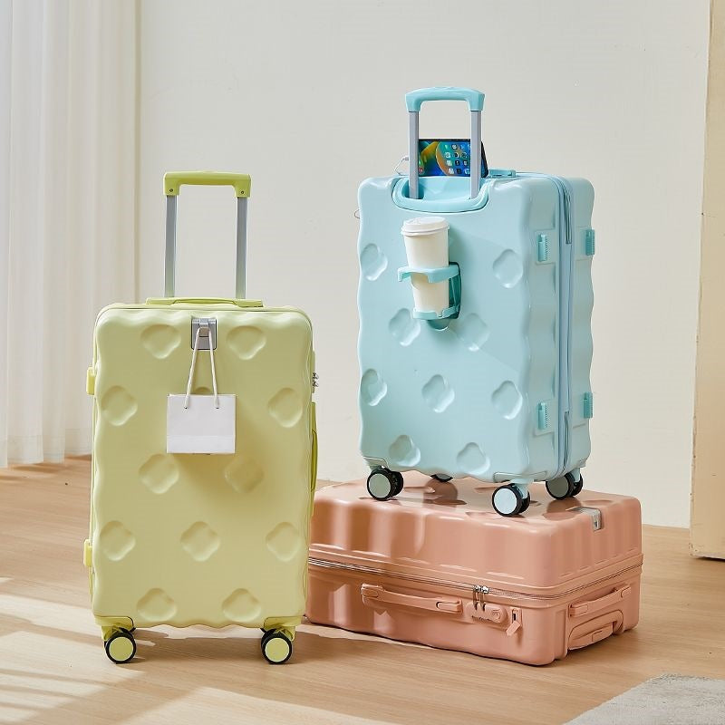hard-shell carry-on suitcase with integrated foldable cup holder phone cradle USB charging port and external bag hooks Stornfield