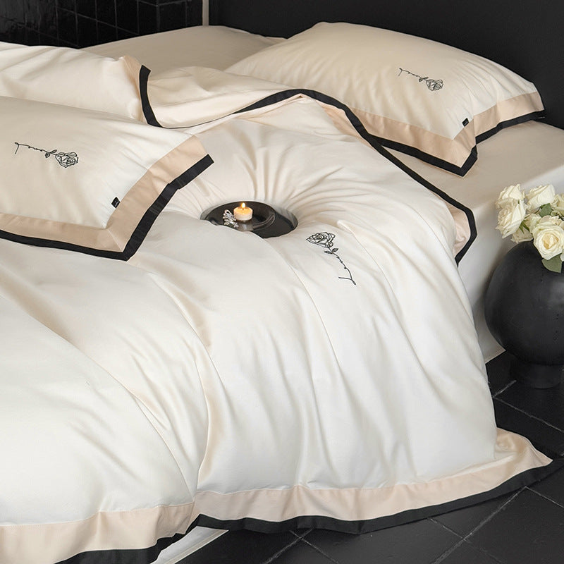Bedding set cotton satin with contrasting border and delicate rose embroidery