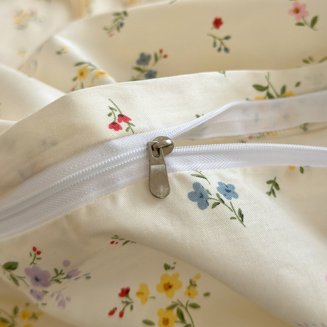 Floral Tie-Closure Cotton-Blend Duvet Cover Set with Ruffled Edge Pillow Shams