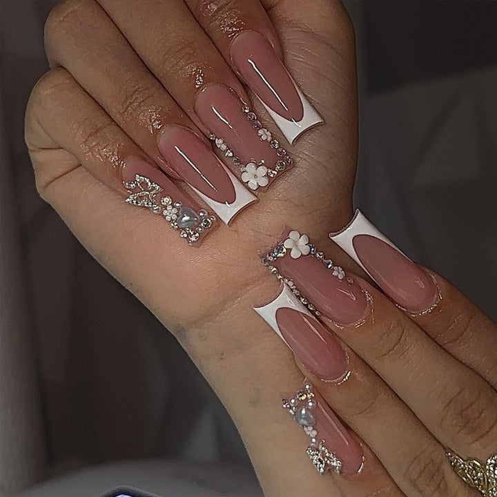 Decorative Acrylic Press-On Nail Set with Rhinestone and Floral Accents Stornfield