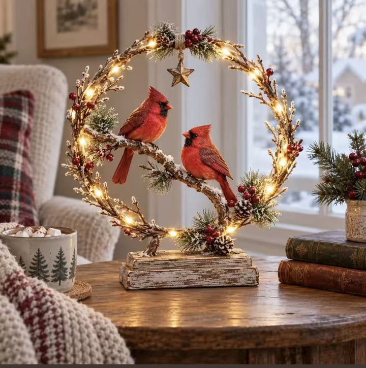 Decorative Christmas wreath with lights and birds Stornfield