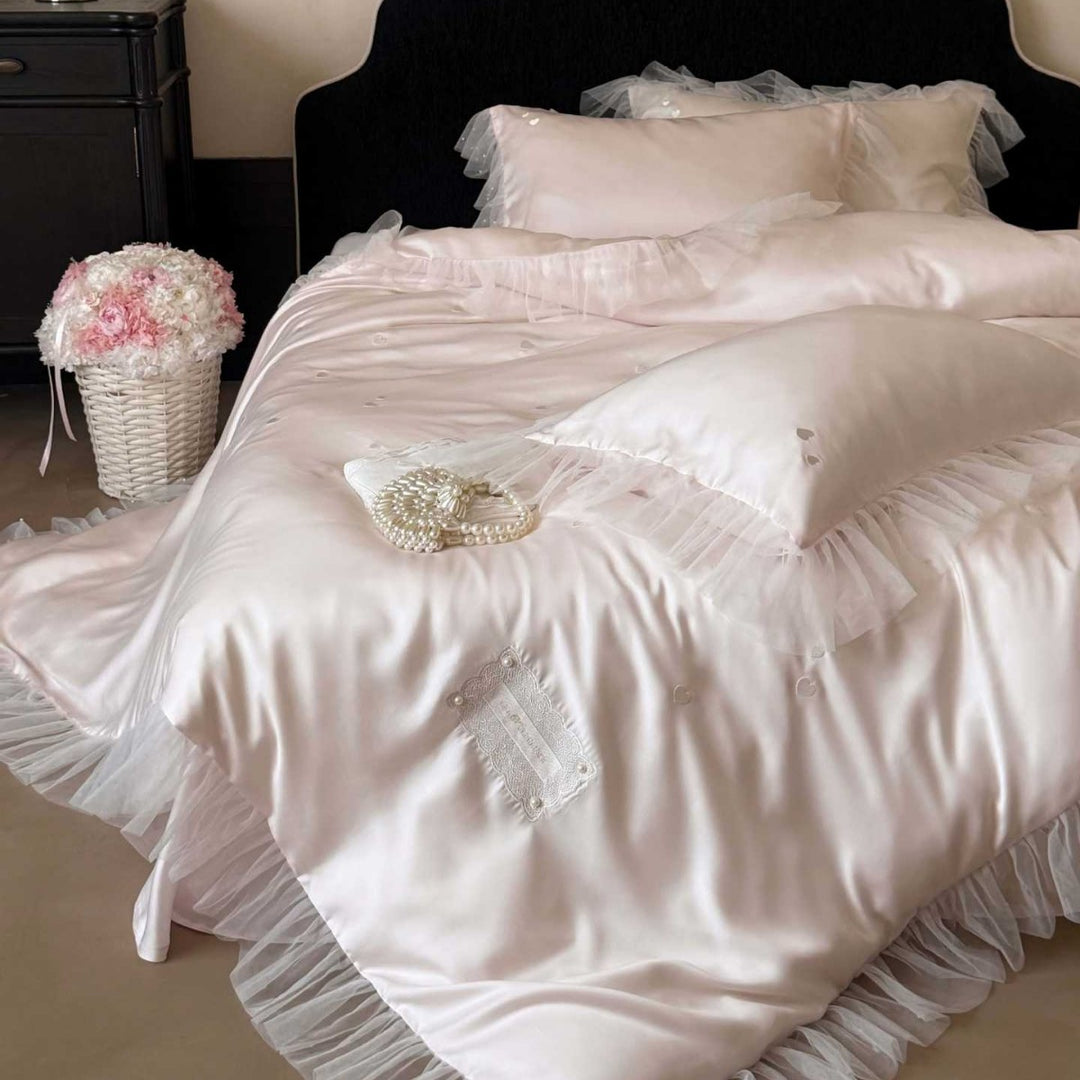 Satin Ruffled Tulle-Trim Button-Down Duvet Cover Set