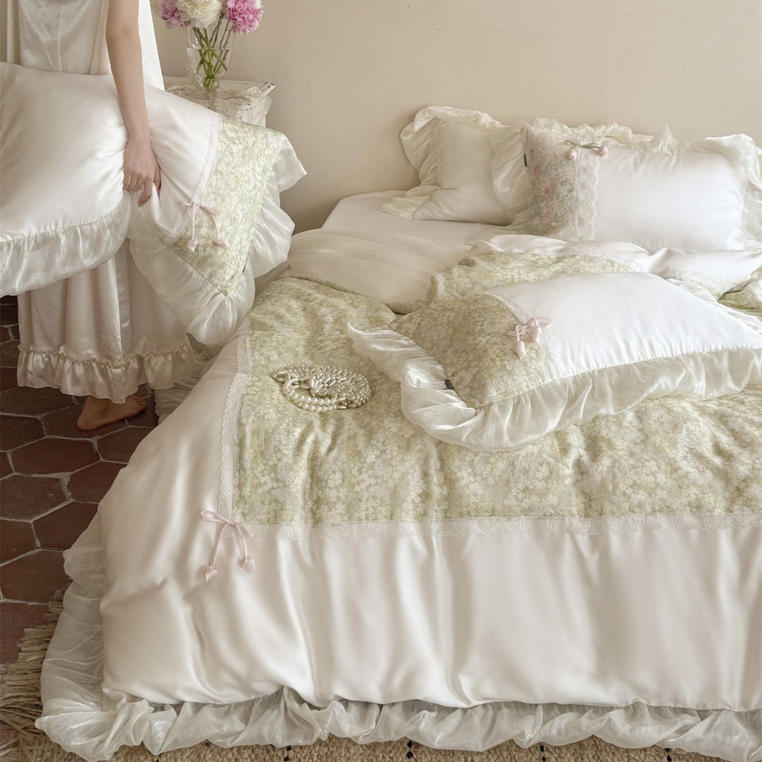 Romantic Ruffled Satin Duvet Cover Set with Floral Panel and Lace Trim