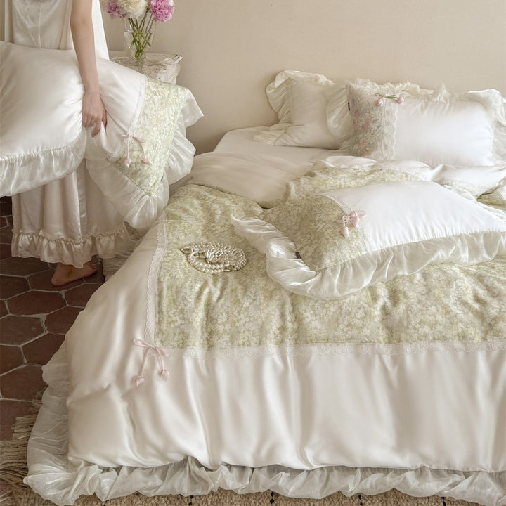 Romantic Ruffled Satin Duvet Cover Set with Floral Panel and Lace Trim