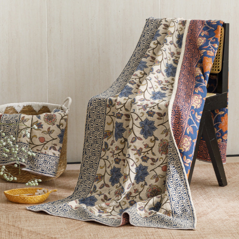 Reversible Quilted Kantha Throw Blanket with Floral Block Print
