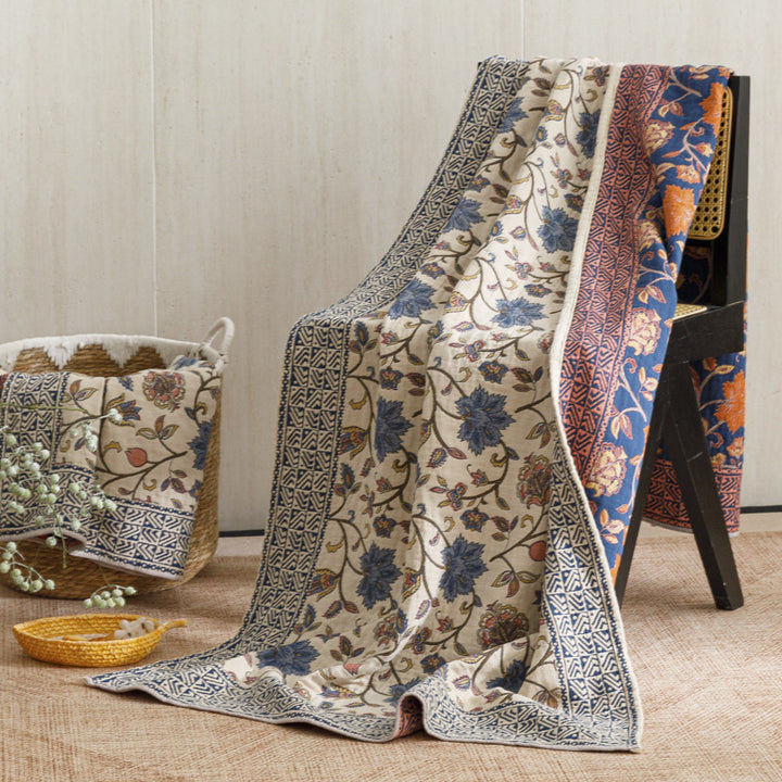 Reversible Quilted Kantha Throw Blanket with Floral Block Print