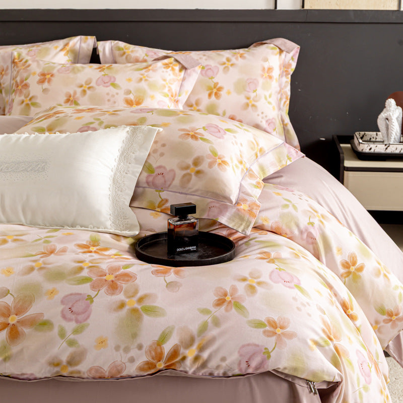 Luxurious cotton satin duvet cover set with watercolor flower pattern