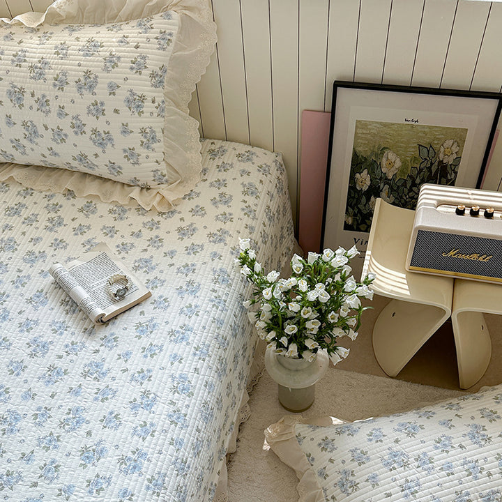 Quilted Polka Dot Cotton Bedspread Set with Eyelet Lace Ruffled Shams
