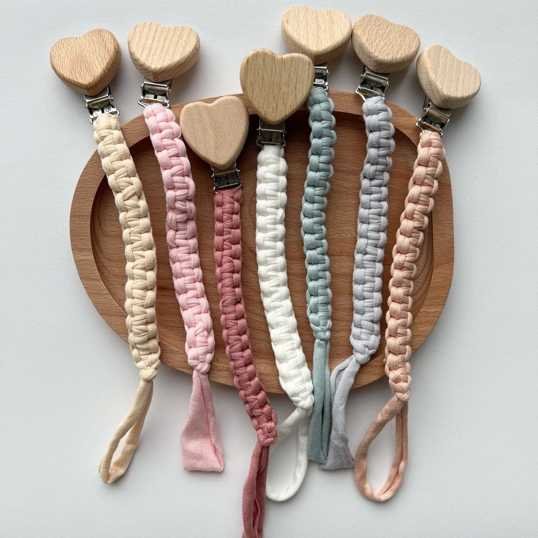 Braided Cotton Pacifier and Teether Clip with Heart Wooden Safety Clamp